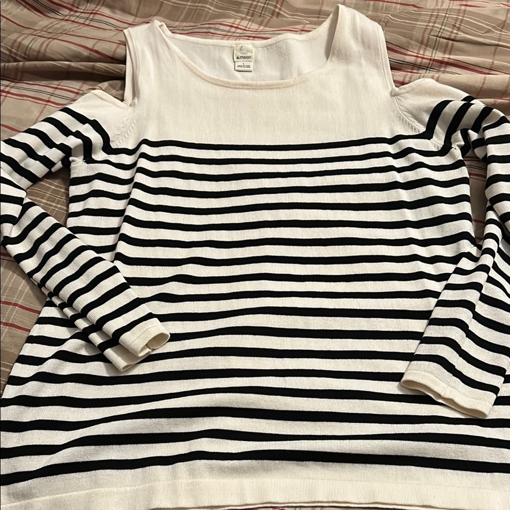 Striped Black and White Sweater- cold shoulder
